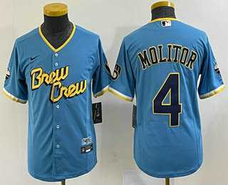 Youth Milwaukee Brewers #4 Paul Molitor Blue 2022 City Connect Cool Base Stitched Jersey,We sell and wholesale Youth Milwaukee Brewers #4 Paul Molitor Blue 2022 City Connect Cool Base Stitched Jersey on line form chian!